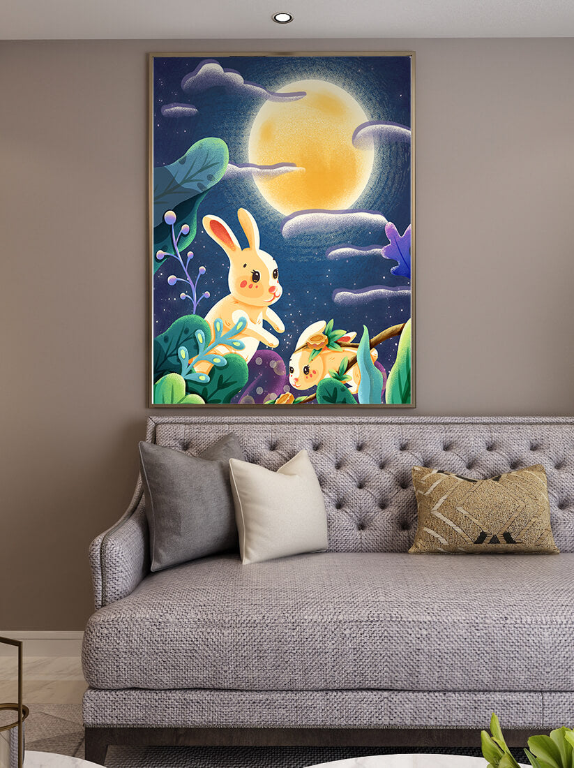 Charming illustration of rabbits under a full moon in a vibrant night garden