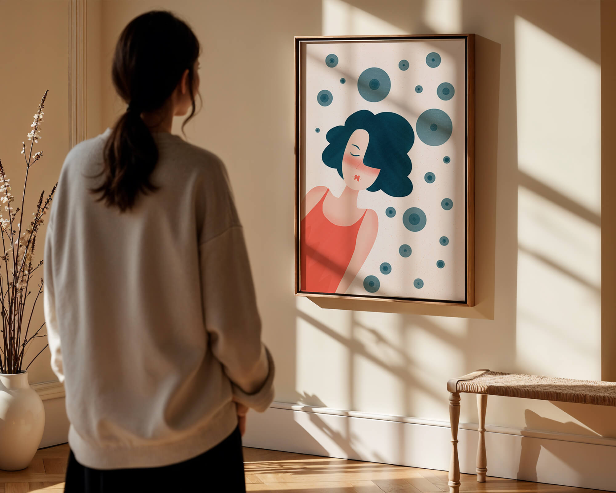 Dreamy Female Portrait with Abstract Circles in Modern Art Style - Mi tienda