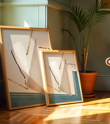 Abstract geometric artwork featuring gold elements