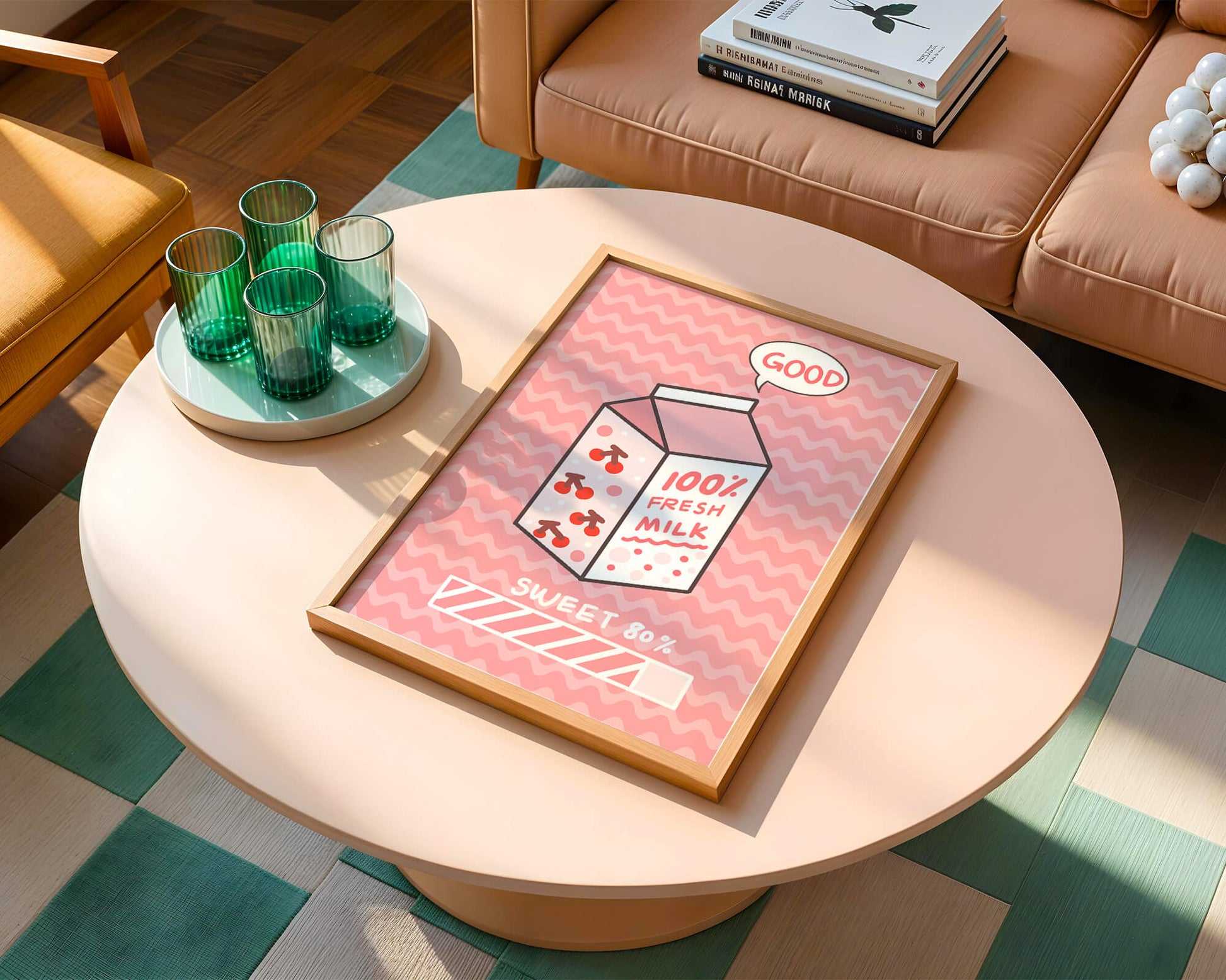 Playful illustration of milk carton with cherry design on pink background