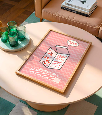 Playful illustration of milk carton with cherry design on pink background