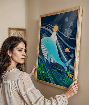 Whimsisches Unterwasserszenario mit Kind und Blauwal