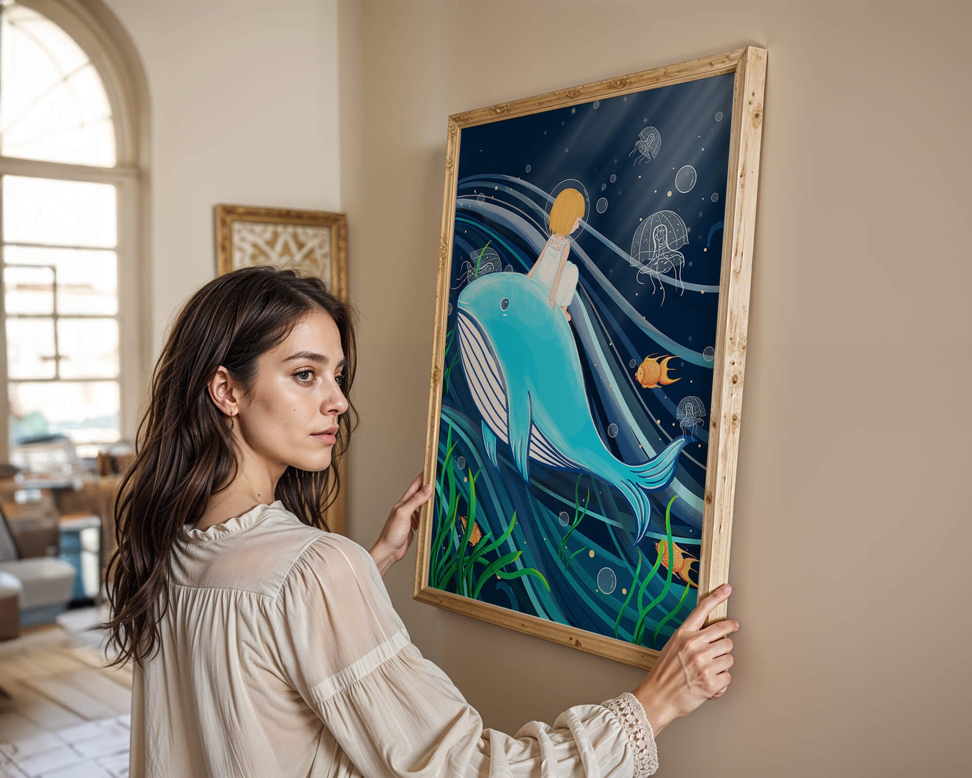 Whimsisches Unterwasserszenario mit Kind und Blauwal