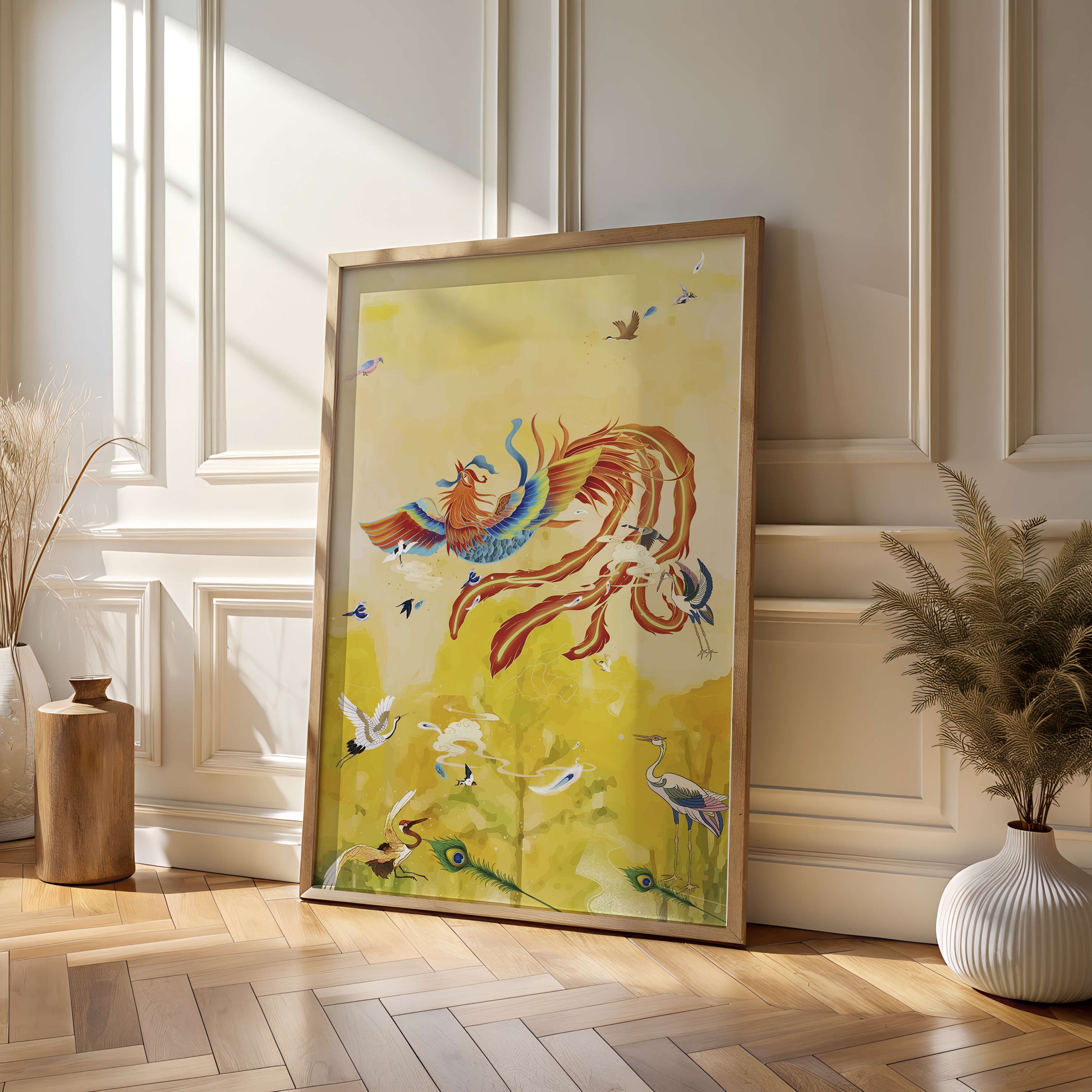 Colorful mystical bird with vivid feathered companions in a vibrant sky