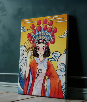 Eine elegante Darstellung asiatischer Kunst mit traditioneller Kleidung und kunstvollem Kopfschmuck