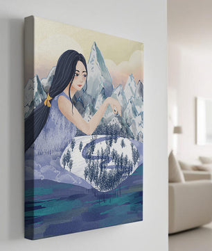 Majestic Woman Overlooking Snowy Mountain Landscape
