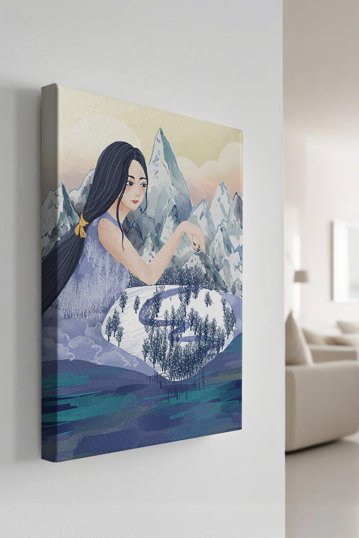 Majestic Woman Overlooking Snowy Mountain Landscape