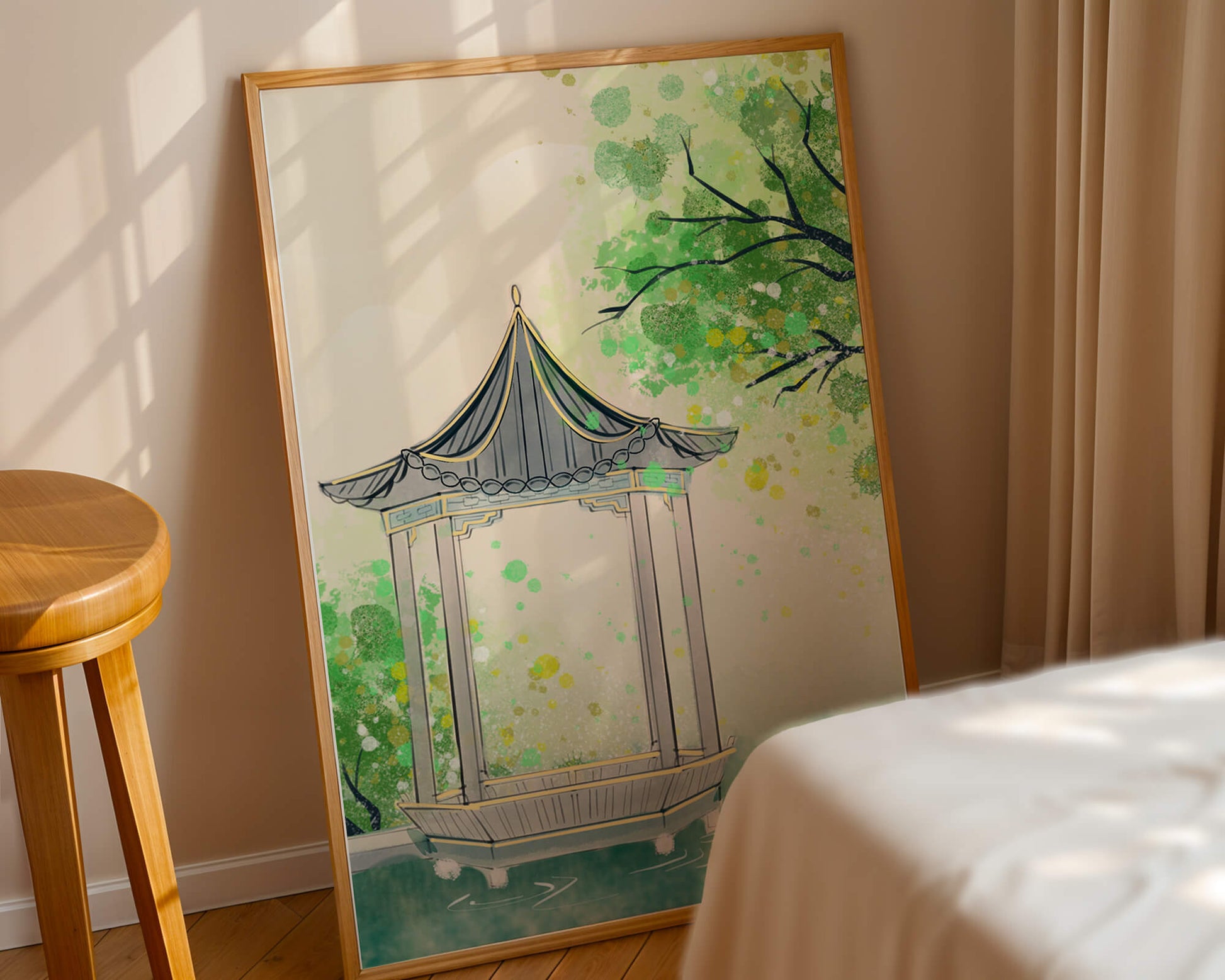 Serene garden gazebo by a tranquil pond with lush greenery