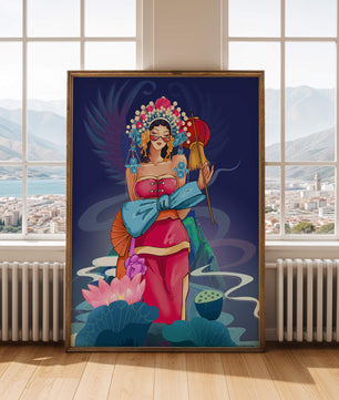 Colorful illustration of a woman in traditional attire with floral headdress