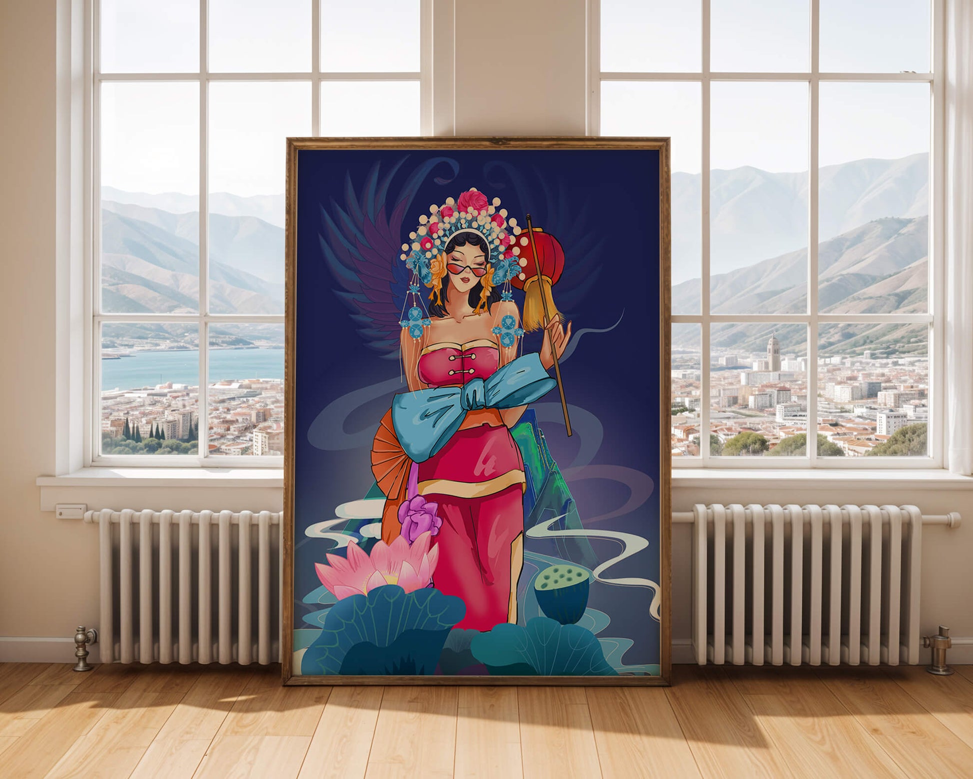 Colorful illustration of a woman in traditional attire with floral headdress