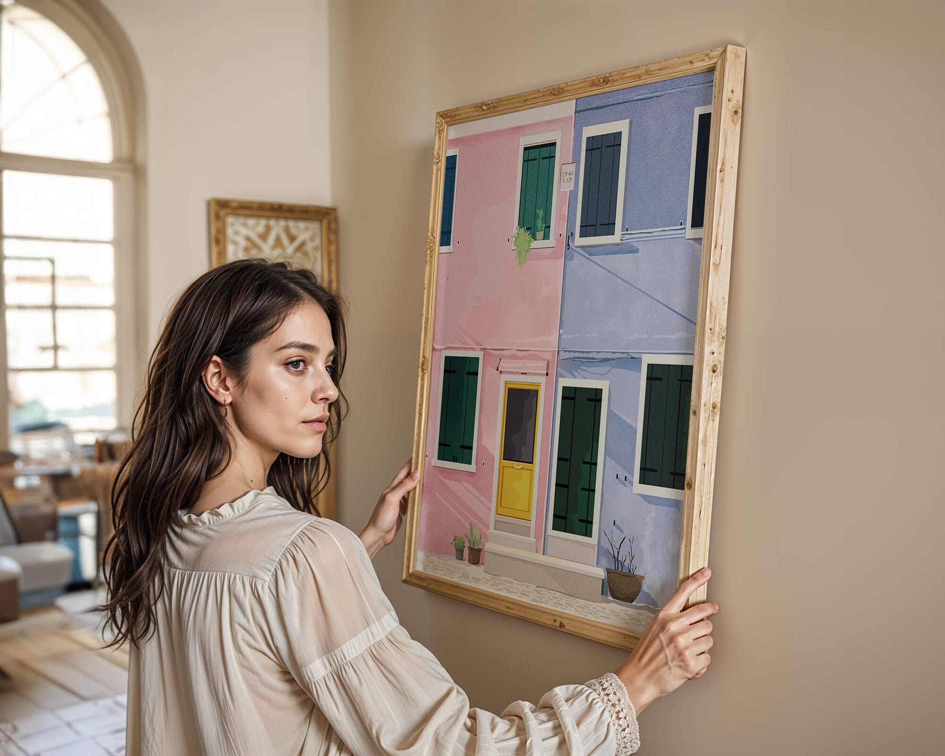 Charming pastel houses with colorful doors and windows