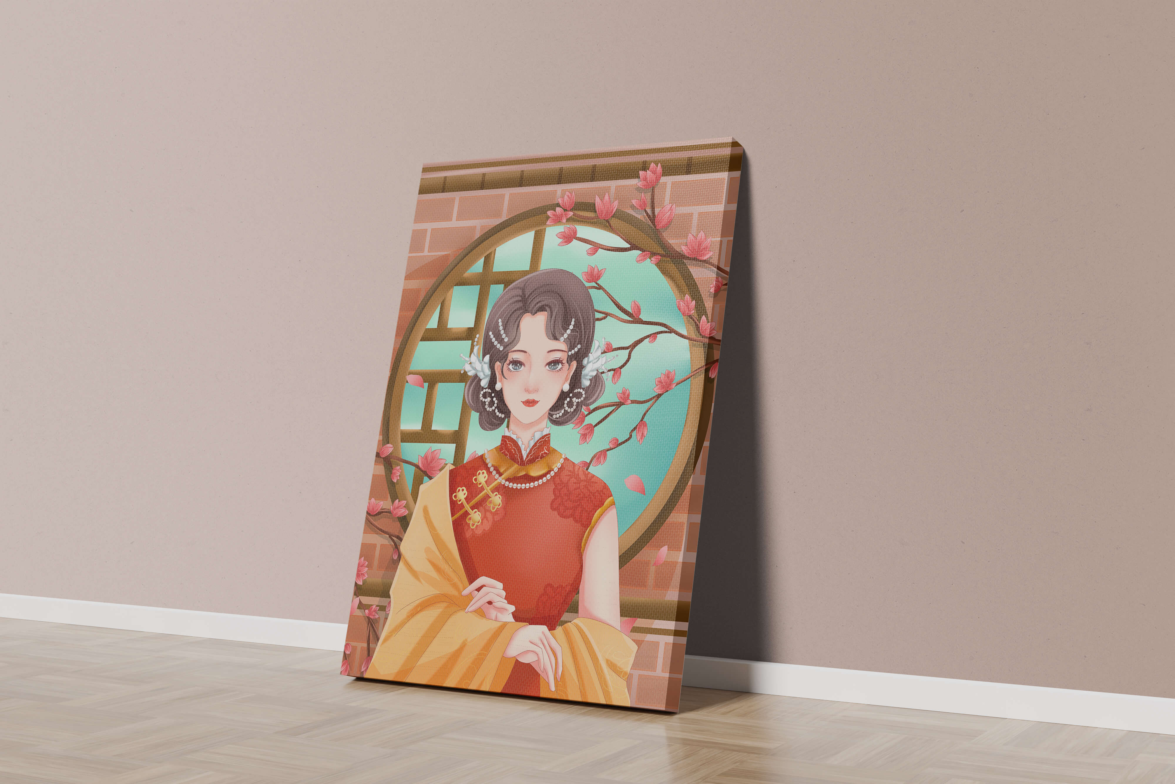 Elegant woman in traditional dress with floral background