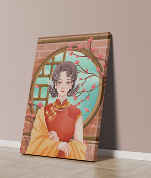 Elegant woman in traditional dress with floral background
