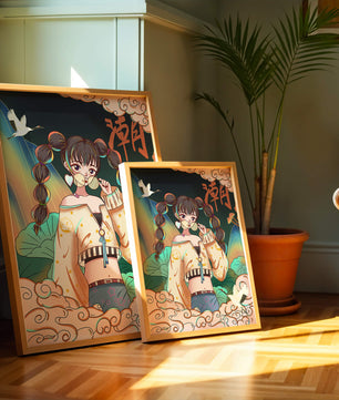Anime girl with glasses surrounded by nature and cranes
