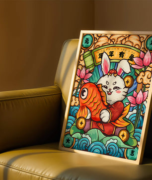 Festive rabbit holding golden fish with lotus flowers and waves in a traditional design