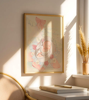 Sweet sleeping baby surrounded by soft pastel decorations