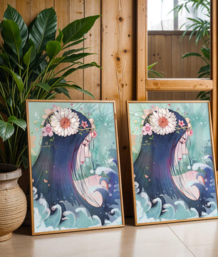 Illustration of a serene woman with floral crown and ocean waves