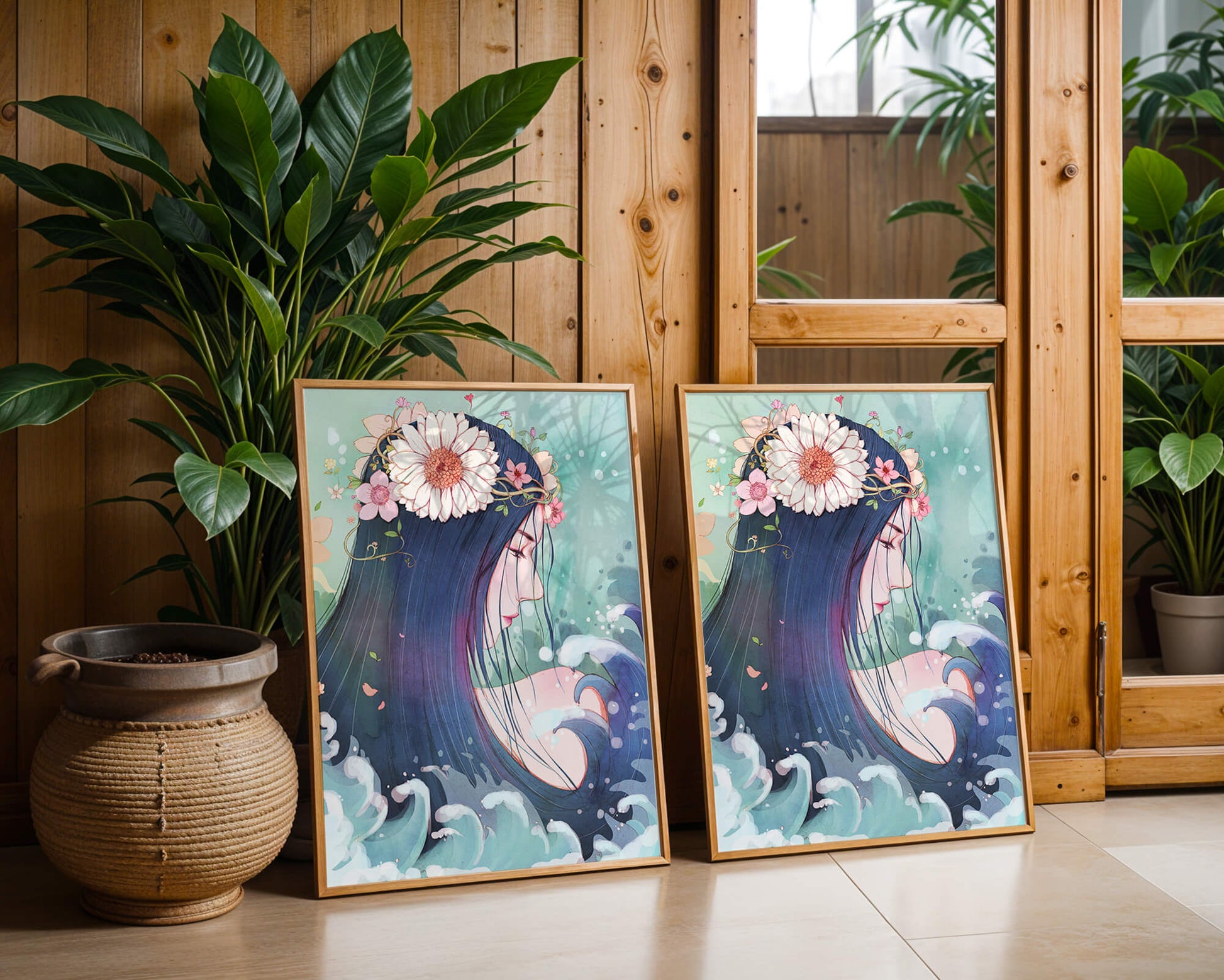 Illustration of a serene woman with floral crown and ocean waves