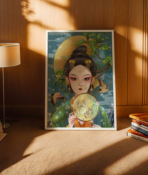 Elegante representación de una mujer con atuendo tradicional sosteniendo un abanico decorativo