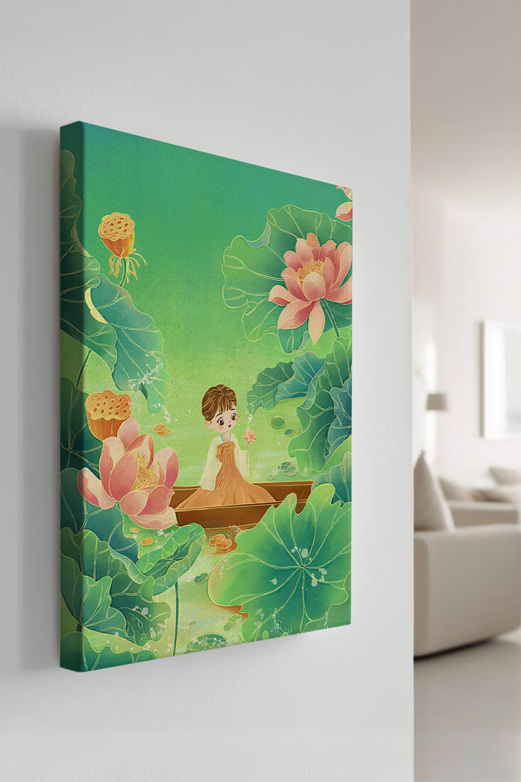 Serene illustration with girl among lotus flowers and green leaves