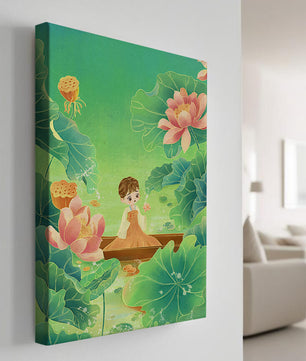 Serene illustration with girl among lotus flowers and green leaves