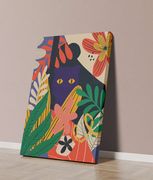 Ilustración abstracta colorida con un gato y patrones florales