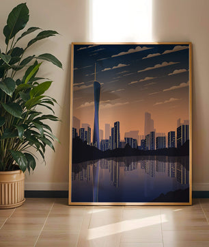 Skyline der Stadt bei Sonnenuntergang mit futuristischem Touch und Wasserspiegelung