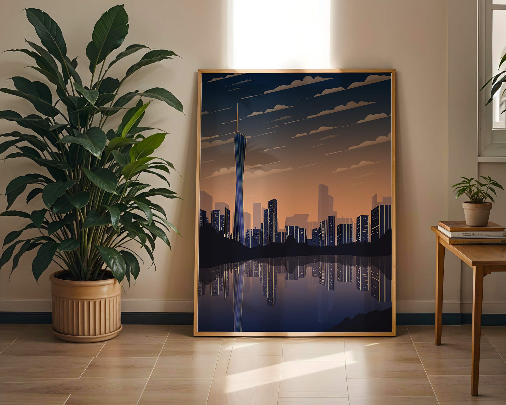 Skyline der Stadt bei Sonnenuntergang mit futuristischem Touch und Wasserspiegelung