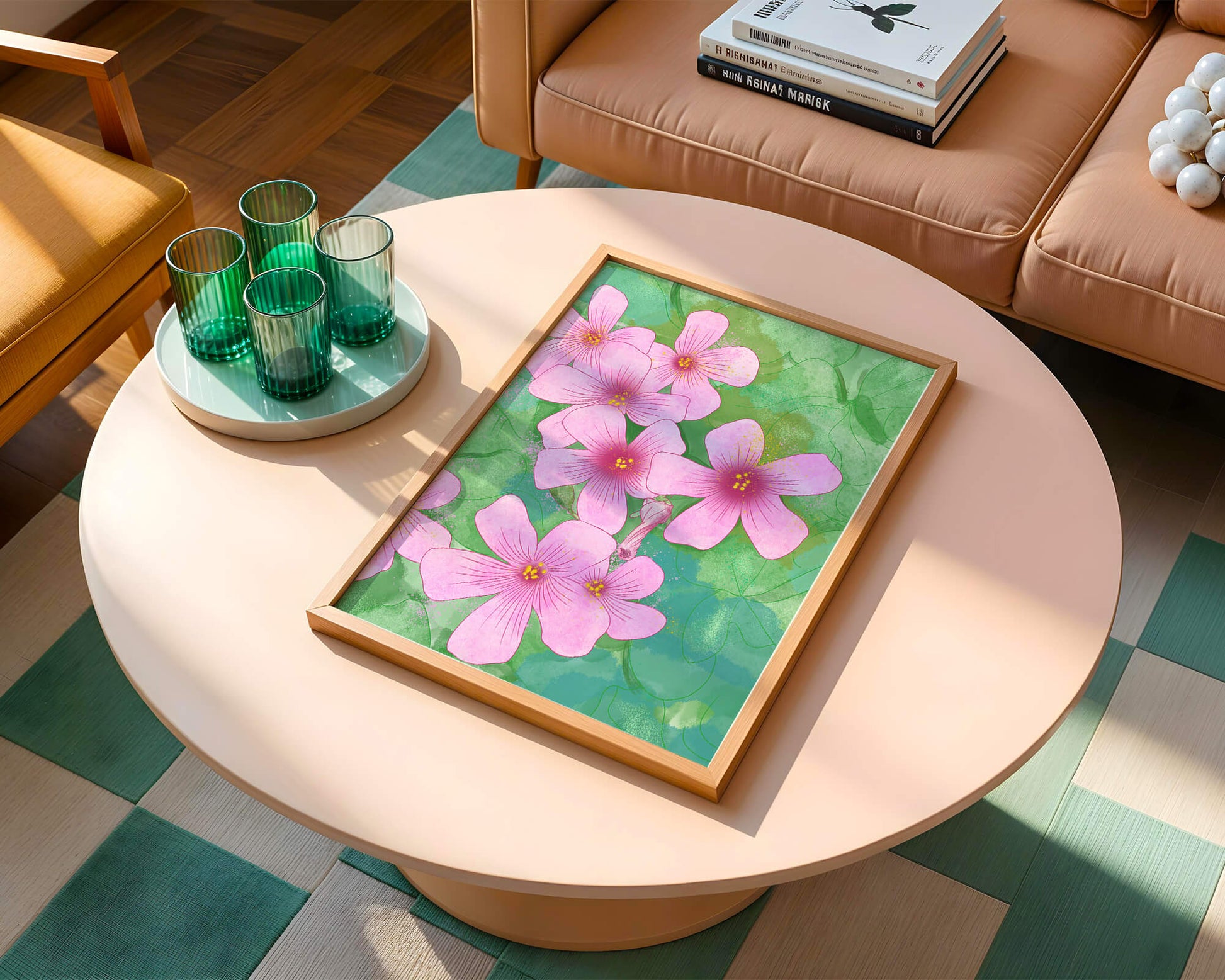 Zarte rosa Blüten auf einem leuchtend grünen Hintergrund Illustration