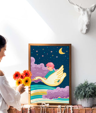 Child flying on a goose through a magical night sky illustration