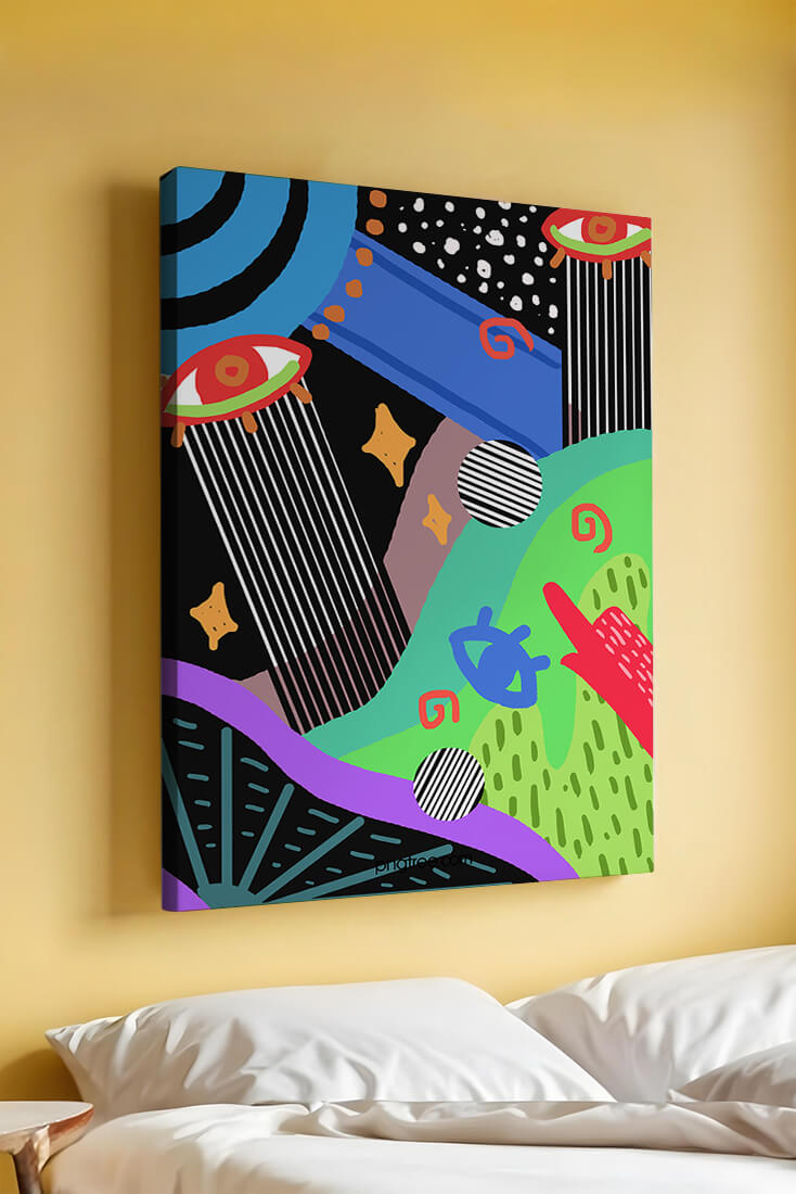 Œuvre d'art psychédélique abstraite colorée avec des formes géométriques et des yeux