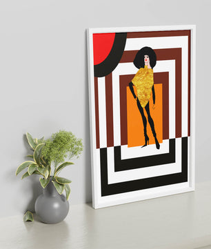 Ilustración de moda con figura en dorado y fondo geométrico