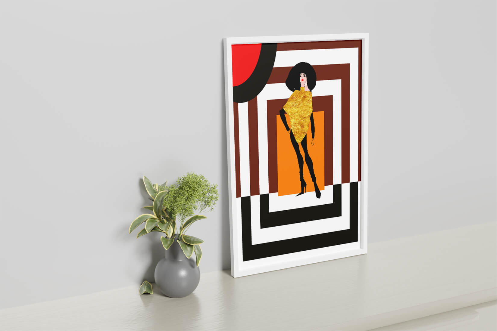 Fashion Illustration with Figure in Gold and Geometric Background