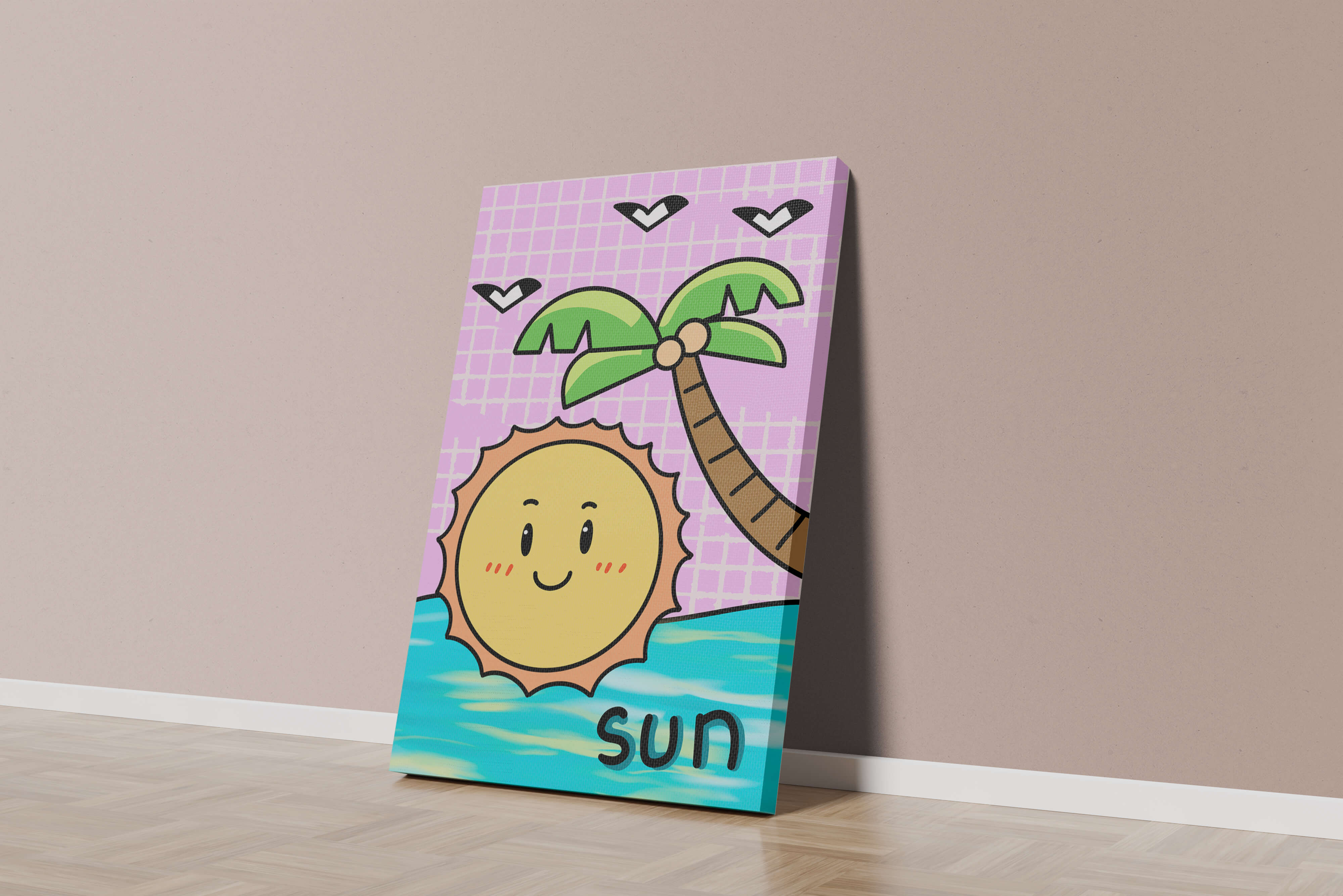 Cartoon sun with palm tree and ocean scene
