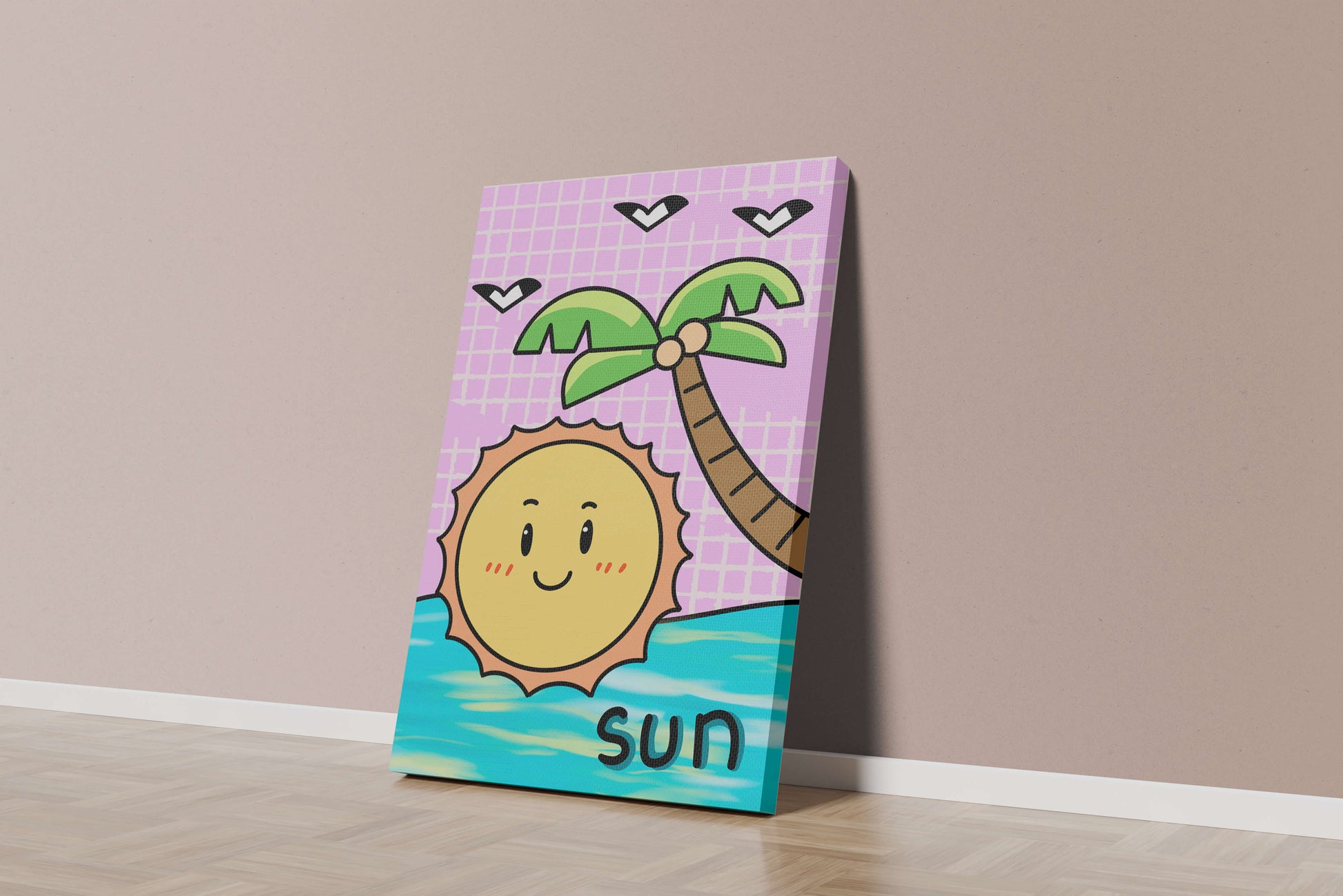 Cartoon sun with palm tree and ocean scene