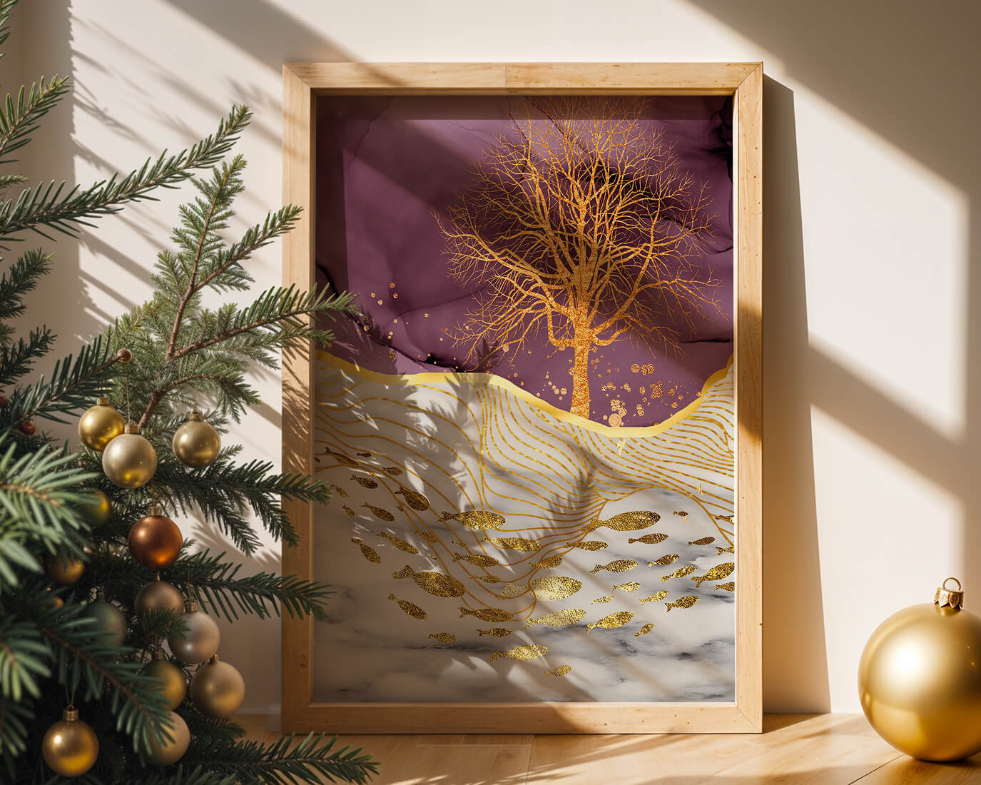Abstract Tree with Gold Fish on Marble Background