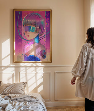 Chica cyberpunk futurista con colores neón y elementos de realidad virtual