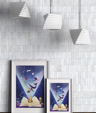 Imaginative galaxy scene with books and a child