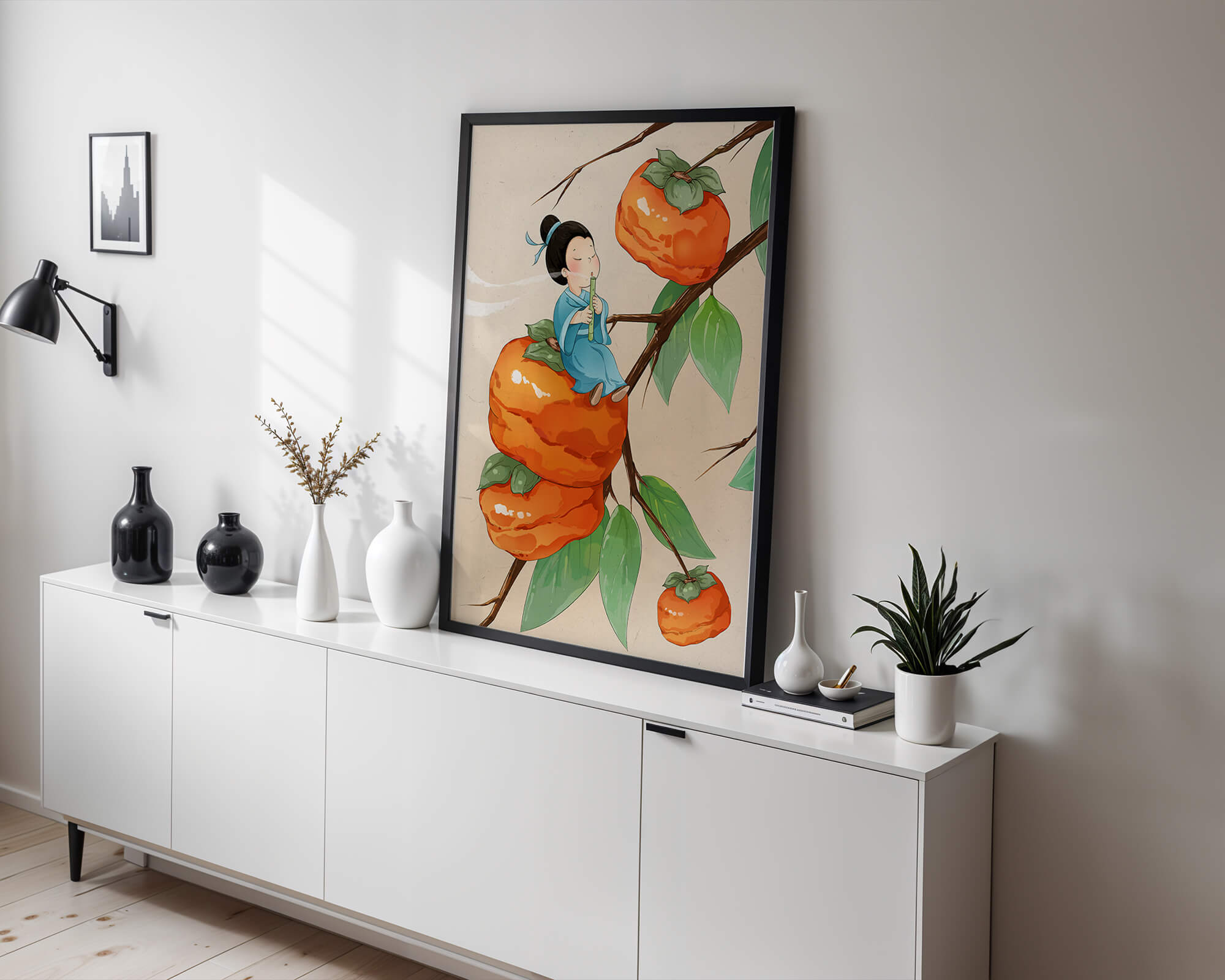 Child playing flute on persimmon-filled tree in whimsical illustration