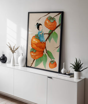 Child playing flute on persimmon-filled tree in whimsical illustration