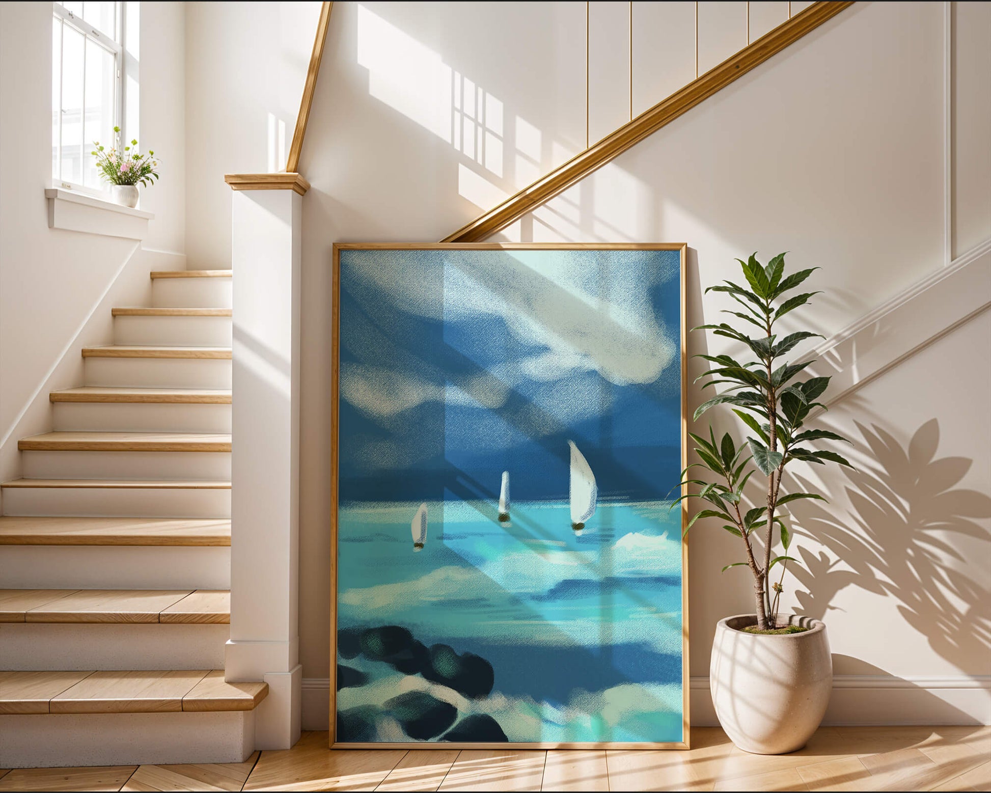 Seascape with sailboats navigating blue waves under a dramatic sky
