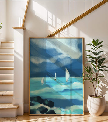 Seascape with sailboats navigating blue waves under a dramatic sky