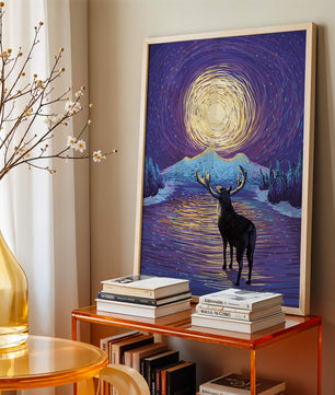 Moose Under Starry Night Sky with Radiant Moon