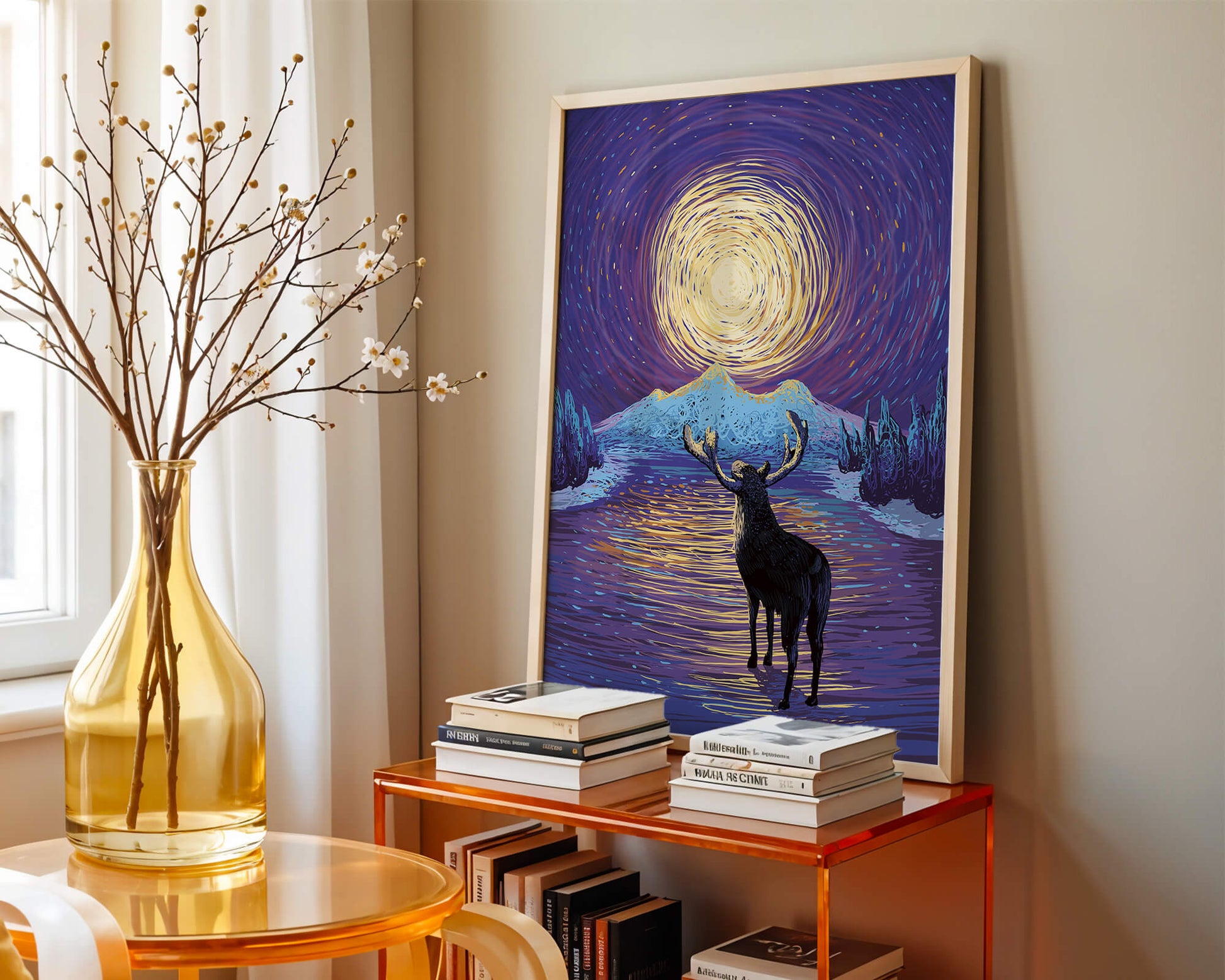 Moose Under Starry Night Sky with Radiant Moon