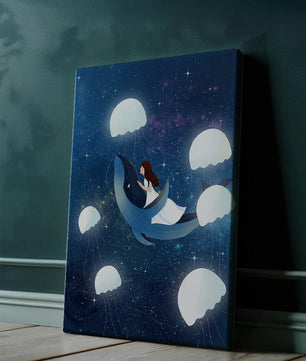 Dreamlike scene of a girl riding a whale among jellyfish in space