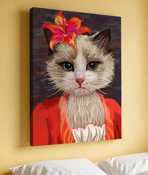 Retrato de gato con acentos de flores vibrantes y atuendo colorido