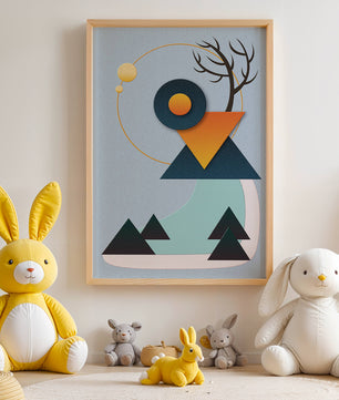 Abstract Geometric Landscape with Mountain and Sun - Mi tienda