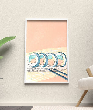 Rollos de sushi coloridos con palillos sobre fondo pastel