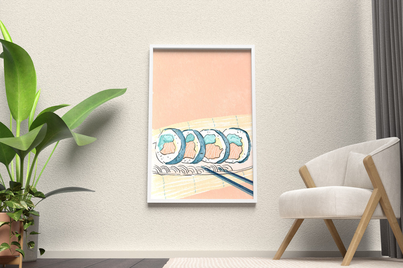 Colorful sushi rolls with chopsticks on pastel background