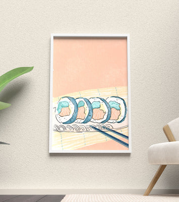 Colorful sushi rolls with chopsticks on pastel background